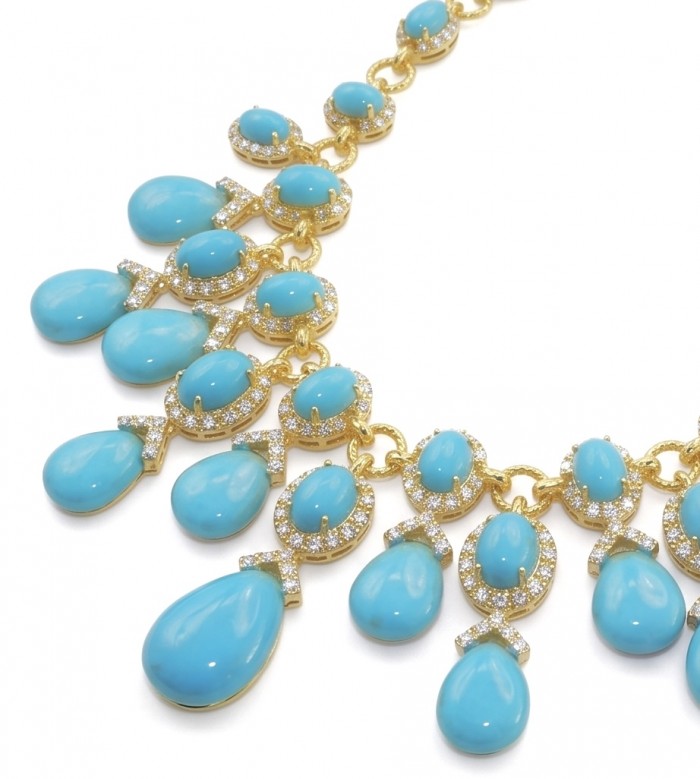 Blue Dreamland - Luxurious stabilized Turquoise 18K Gold over .925 Sterling Silver handmade Statement necklace - Close-up of Blue Dreamland necklace with turquoise and gold details