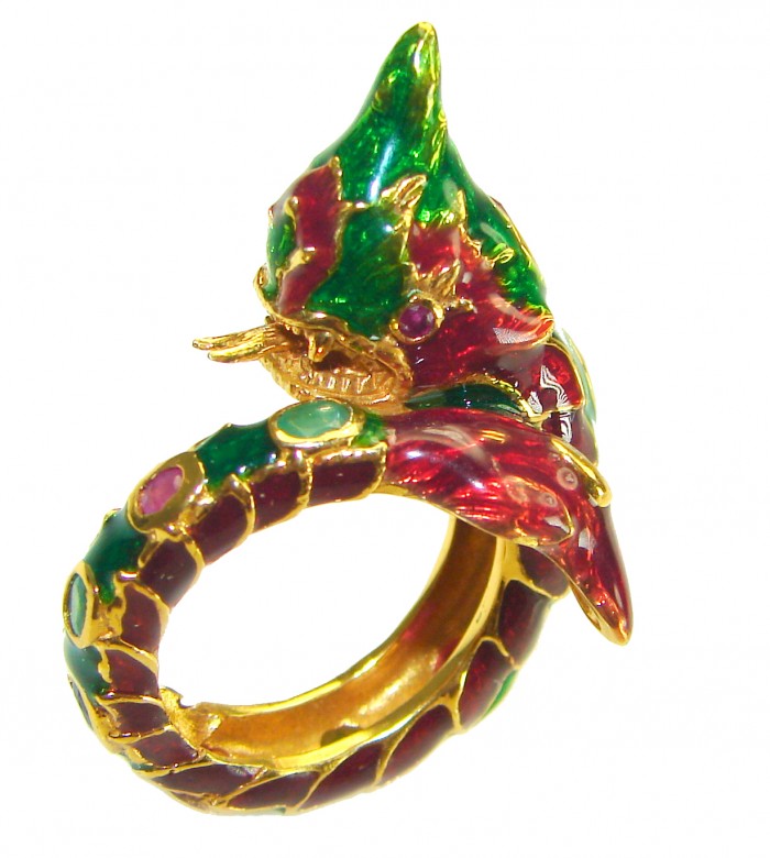 Dragon - symbolizes supernatural power- Enamel Ruby 18K Gold over .925 Sterling Silver Huge handcrafted Ring s. 8 1/4 - photo 3