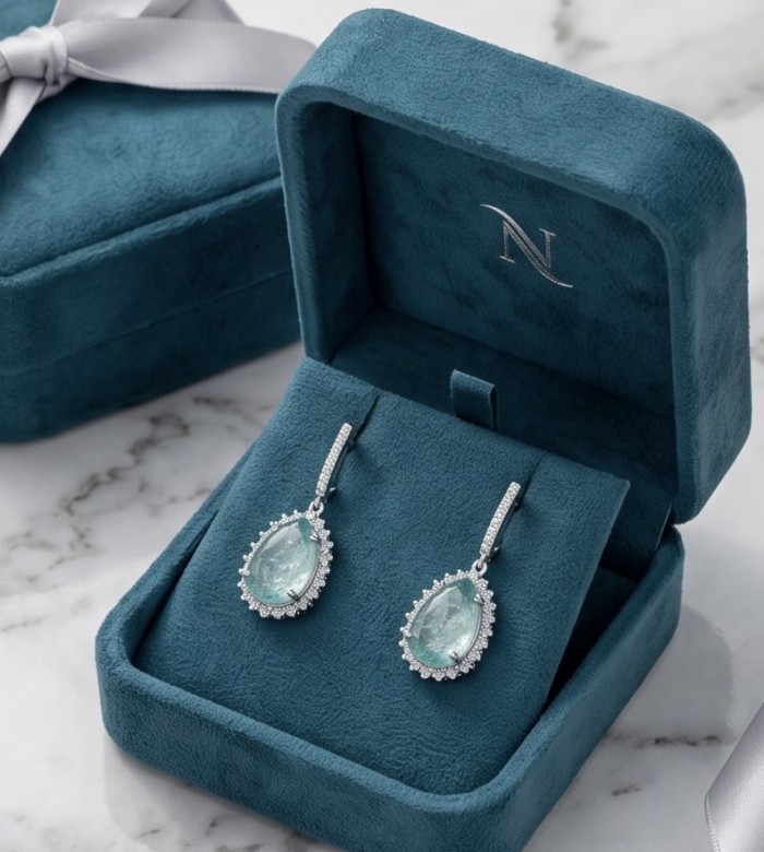 Angelina 20.9 carat authentic Aquamarine .925 Sterling Silver Handcrafted Earrings - Aquamarine earrings in box, top view, showcasing detailed stones.