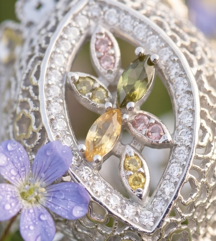 Casablanca - authentic 3.4 carat Tourmaline .925 Sterling Silver brilliantly handcrafted ring s. 8 - Close-up of Casablanca Tourmaline silver jewelry with floral accents.