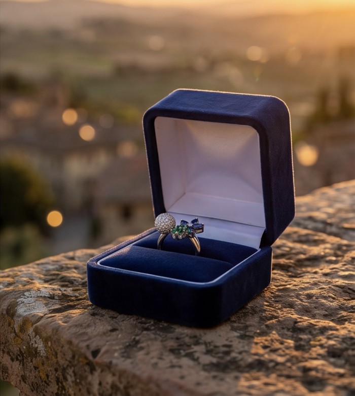 Floral design 7.8 carat natural Colombian Emerald 2.3 carat Moissanite .925 Sterling Silver handmade Statement Ring size 6 3/4 - Side view of floral design emerald ring in blue velvet box at sunset