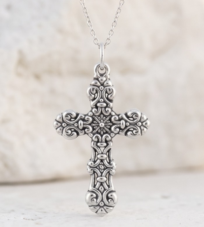 Holy Cross the best quality .925 Sterling Silver Bali made Pendant - Ornate sterling silver cross pendant, front view, on a delicate chain.