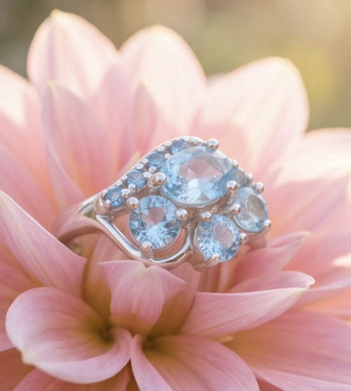 Pacifica 3.8 carat Swiss Blue Topaz .925 Sterling Silver handcrafted ring size 9 - Swiss Blue Topaz ring on pink flower, close-up showing stones and setting.