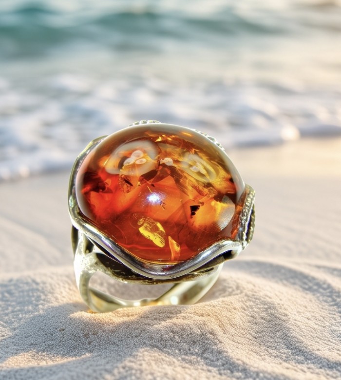Serenity Natural GOLDEN Baltic Amber .925 Sterling Silver handmade Large Statement Ring size 7 - Close-up of golden Baltic amber in sterling silver setting on sand.