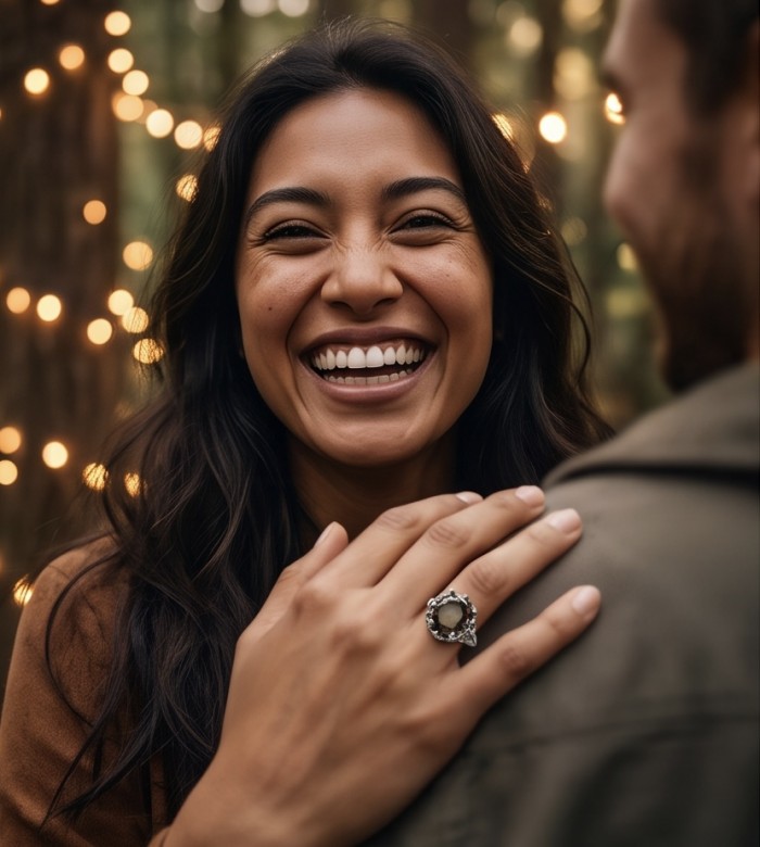 11.8 grams carat Genuine Smoky Topaz .925 Sterling Silver Handcrafted Ring size 8 - Smoky Topaz ring on hand, forest background with bokeh lights.