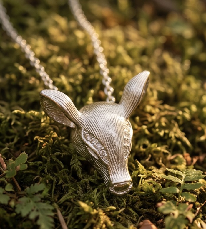 Deer'S Head 0.7 carat Emerald .925 Sterling Silver handmade Statement necklace - Deer head necklace detail on moss; 0.7 carat emerald, sterling silver.