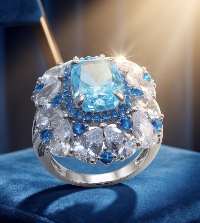 Paris Sky Blue 8.8 carat Swiss Blue Topaz .925 Sterling Silver dipped in rhodium handcrafted ring size 7 - Close-up of Paris Sky Blue Topaz ring on blue velvet background