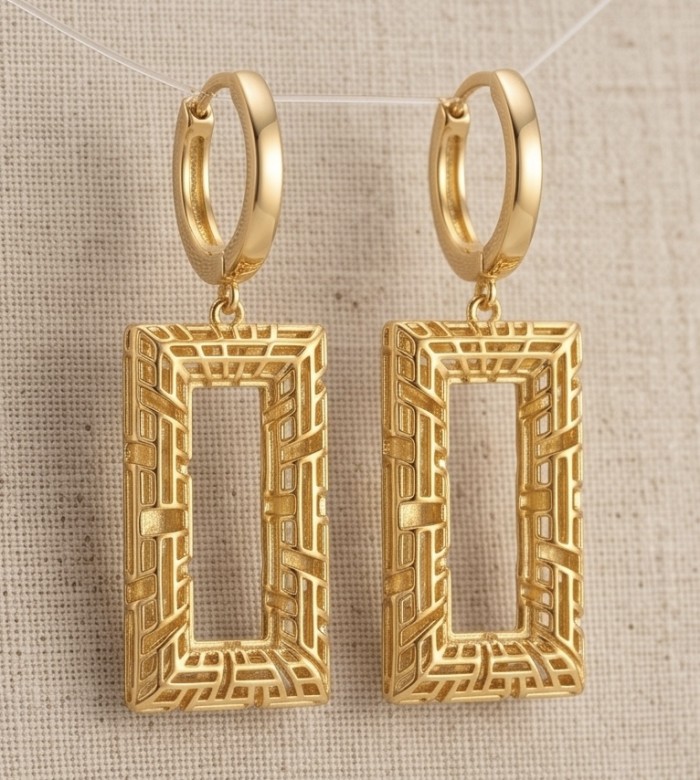 Dubai Style - .925 Sterling Silver dipped in 22K Gold handmade Earrings - Rectangular gold hoop earrings, front view.