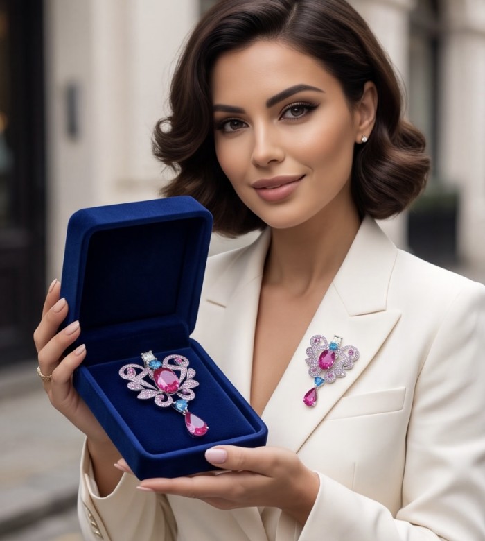Marie Antoinette's Style 28.9 grams Fuchsia Pink Sapphire .925 Sterling Silver dipped in Rhodium handmade LARGE Pendant - Brooch - Woman showcasing fuchsia sapphire brooch in case, front view.