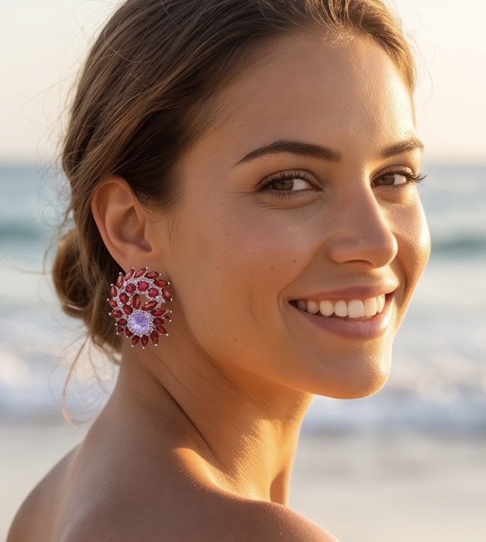 Clementine - Precious 27.4 carat Multigem .925 Sterling Silver dipped in rhodium handcrafted Statement Earrings - Side view of Clementine multigem earrings worn by woman at the beach.