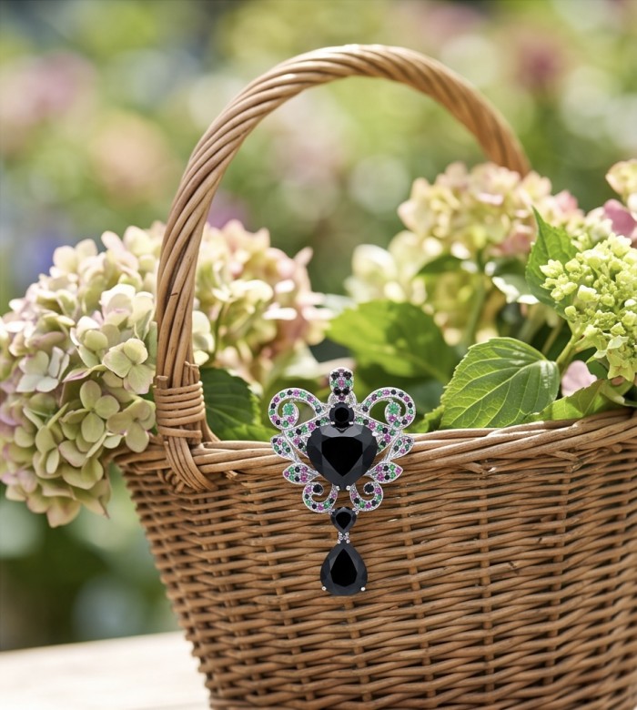 Marie Antoinette's Style 33.8 grams natural Black Onyx .925 Sterling Silver dipped in Rhodium handmade LARGE Pendant - Brooch - Basket with floral brooch showcasing black onyx detail.