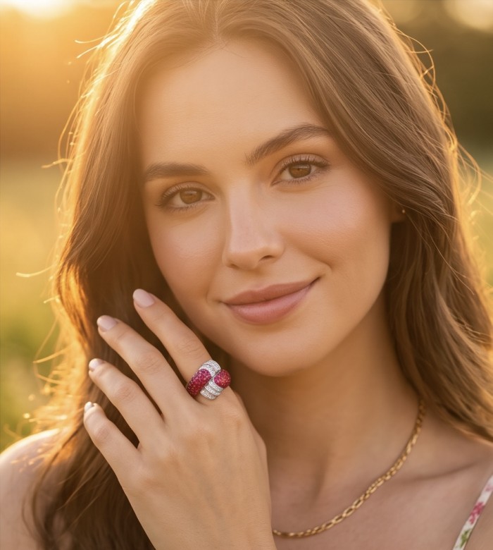 Scarlett 7.7 ctw Mozambique Ruby .925 Sterling Silver dipped in rhodium handcrafted Statement Ring size 7 1/4 - Woman wearing Scarlett Mozambique Ruby ring in sunlight.