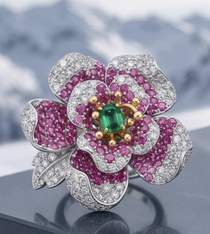 Rose Authentic 1.8 carat Emerald 3.9 carat pave Kasmir Ruby .925 Sterling Silver brilliantly dipped in rhodium 2 tones handcrafted Statement ring; s. 7 - Flower-shaped ring with emerald and ruby details, front view.