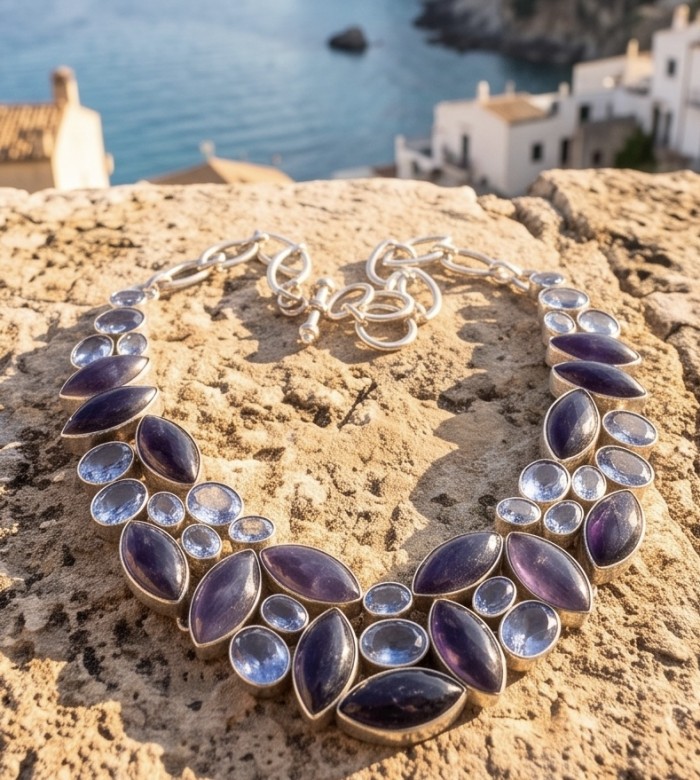 Luna 88.5 carat authentic Kyanite .925 Sterling Silver handcrafted MASSIVE STATEMENT Necklace - Luna necklace with Kyanite stones on stone ledge, seaside background.