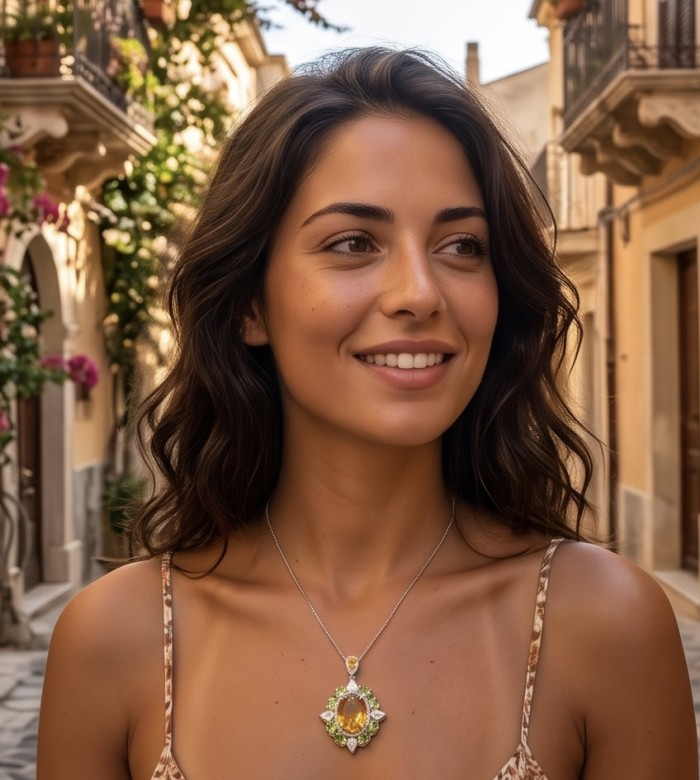 Giovanna 22.2 carat authentic Brazilian Citrine rhodium over .925 Sterling Silver handmade Pendant - Woman wearing Giovanna Brazilian Citrine necklace, front view.