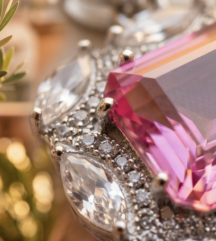 Vintage style boquette cut 12.8 carat Pink Sapphire .925 Sterling Silver DIPPED IN RHODIUM handmade Pendant - Close-up of vintage pink sapphire with diamond accents.
