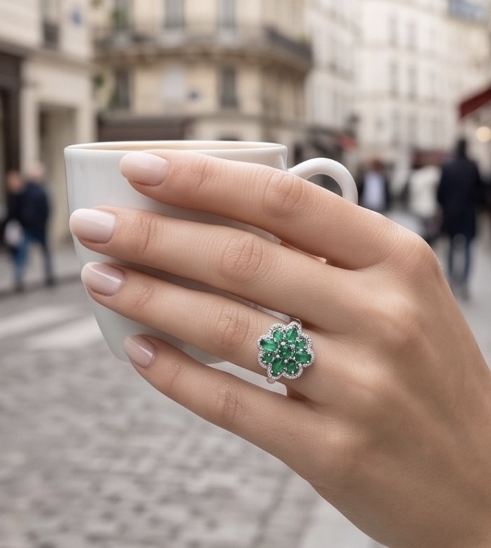 Blooming Spring 6.5 carat Chrome Diopside .925 Sterling Silver handcrafted ring size 6 - Blooming Spring ring with chrome diopside, worn on hand holding a cup.
