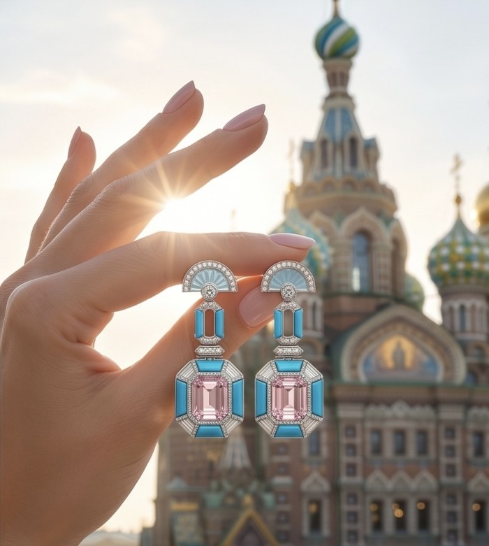 Emily - Art Deco - Precious genuine 12.2 carat Kunzite inlay Turquoise .925 Sterling Silver handcrafted earrings - Earrings held near iconic building, showing Kunzite in art deco style.