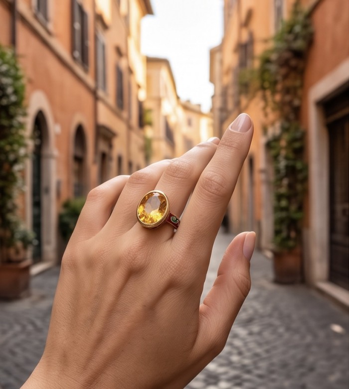 Summer time Fiesta Natural 9.8 carat Swiss Blue Topaz Enamel .925 Sterling Silver dipped in 22K Gold handmade Statement Ring size 6 - Hand wearing Conqueror 9.8 ct Swiss Blue Topaz ring in a quaint street.