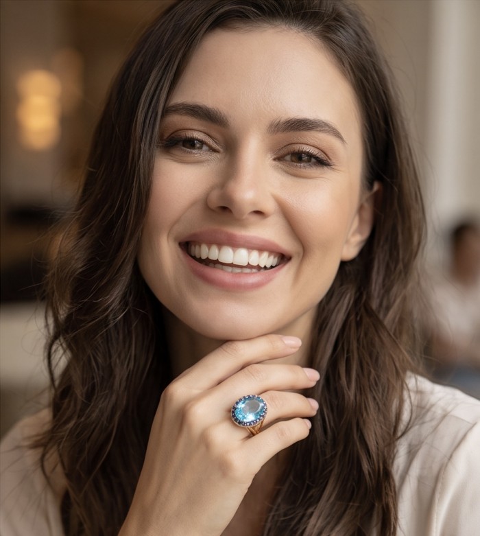 Pacifica 27.8 carat Swiss Blue Topaz 22K Gold over .925 Sterling Silver dipped in rhodium handcrafted ring size 7 1/4 - Person wearing Pacifica 27.8 carat Swiss Blue Topaz ring on hand