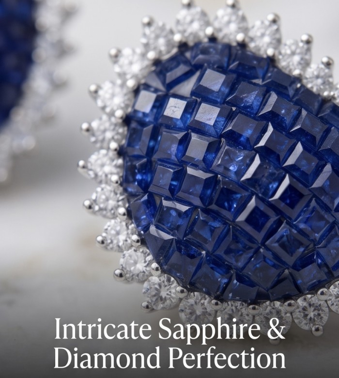 Precious Hearts mystery setting 11.8 carat Sapphire .925 Sterling Silver earrings - Stone close-up of Precious Hearts 11.8 carat Sapphire with diamond accents