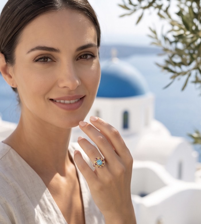 Atlantica 2.8 carat Swiss Blue Topaz .925 Sterling Silver dipped in rhodium handcrafted ring size 7 - Woman wearing Atlantica Swiss Blue Topaz ring, scenic background