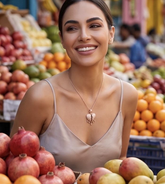 Melting Heart Luxurious 12.4 carat White Topaz 14K Gold over .925 Sterling Silver handcrafted pendant - Woman wearing Melting Heart necklace at a colorful fruit market.