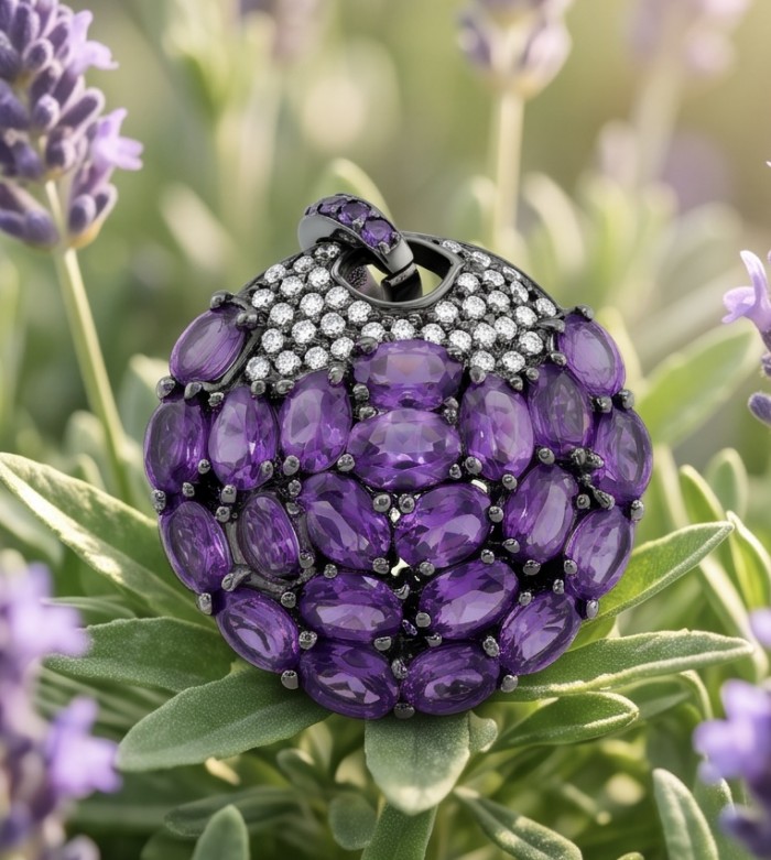 Mademoiselle - 18.5 carat natural Amethyst .925 Sterling Silver dipped in black rhodium handcrafted Pendant Brooch - Close-up of amethyst pendant in garden setting.