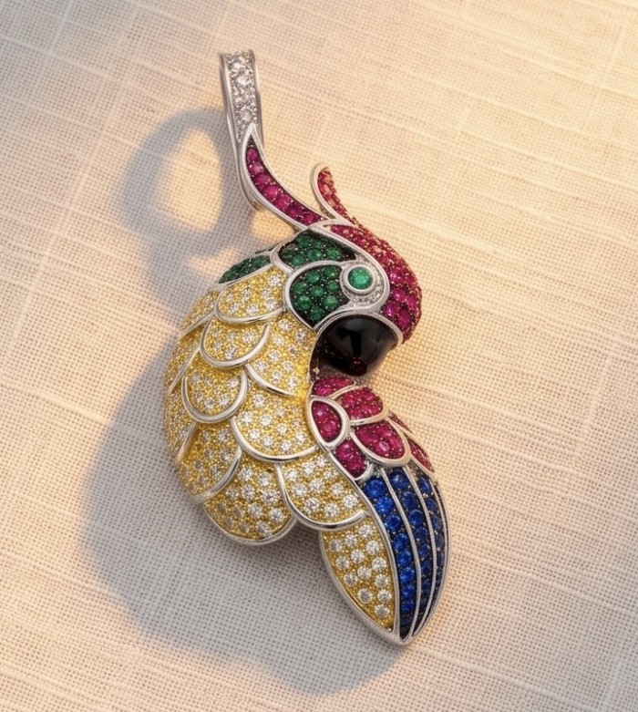 Exotic Parrot - 10.5 carat Ruby Emerald Sapphire 22K Gold over .925 Sterling Silver rhodium over handcrafted pendant - Parrot-shaped pendant with rubies, emeralds, and sapphires, side view.