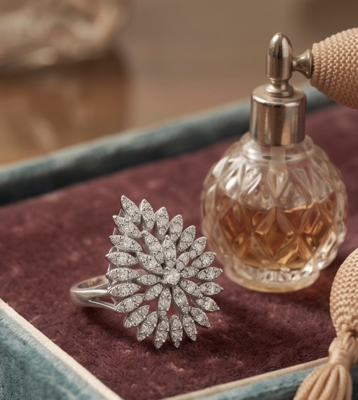 Real Beauty - asscher cut 8.5 carat White Topaz .925 Sterling Silver Handcrafted Statement Ring size 8 - Elegant ring displayed on velvet near vintage perfume bottle.