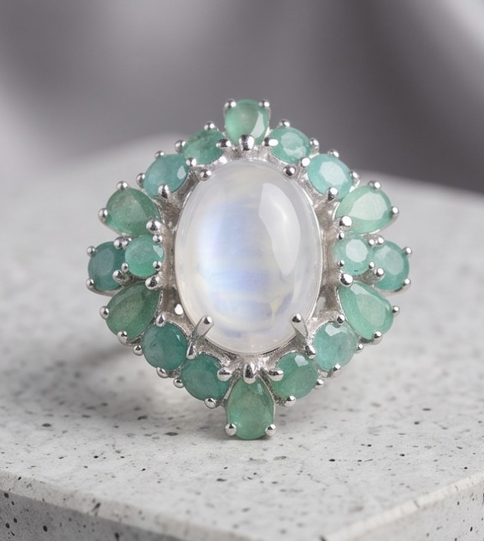 Rosemary - Top quality 22.2 carat Brazilian Rose Quartz .925 Sterling Silver dipped in rhodium Handcrafted Ring size 7 - Stone close-up of rosemary ring with Brazilian rose quartz centerpiece.