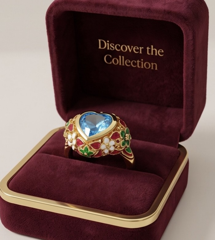 ANGEL'S HEART 6.8 carat Swiss Blue Topaz ENAMEL .925 Sterling Silver dipped in 22K Gold handcrafted ring size 7 1/2 - Heart-shaped ring with blue topaz in a red velvet box, angled view.