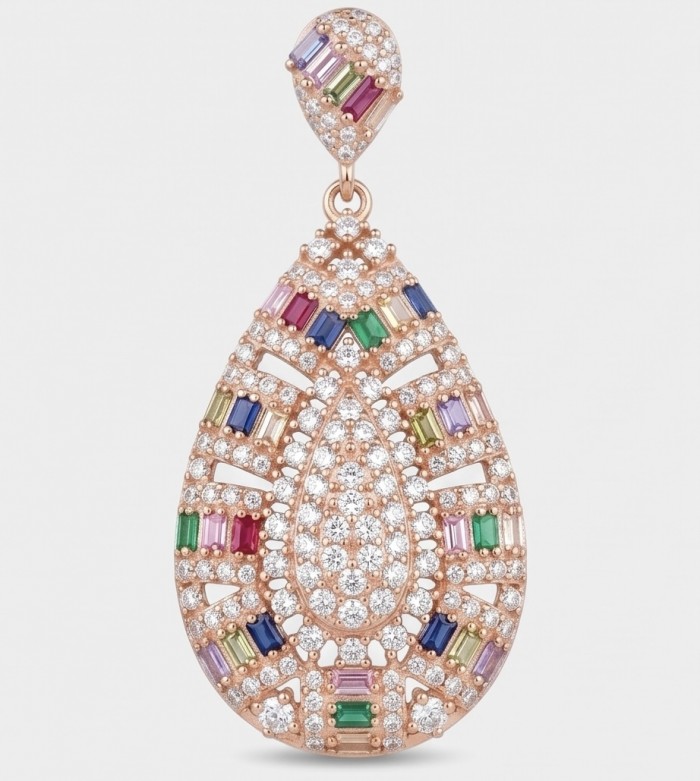 Julietta - Excellent quality 11.9 carat Multigem 18K Rose Gold over .925 Sterling Silver handcrafted Pendant - Teardrop multigem earring, front view, 18K rose gold with diamonds