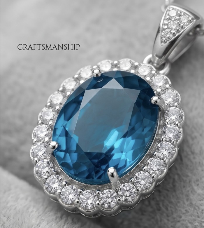 Large 51.5 carat Vintage style Brazilian Aquamarine .925 Sterling Silver DIPPED IN RHODIUM handmade Pendant - Close-up of vintage-style Brazilian aquamarine pendant with diamonds