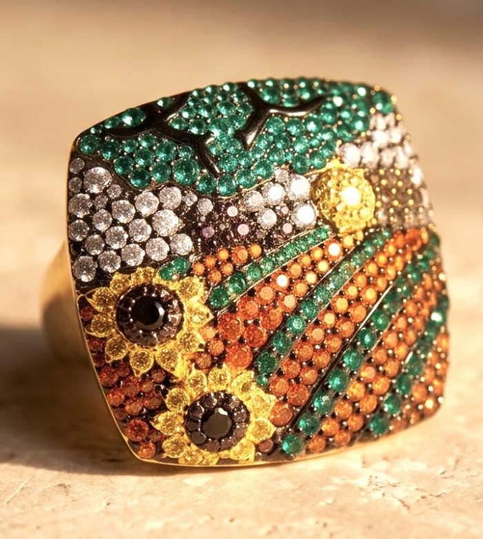 Peaceful Village - LARGE Authentic 8.8 carat pave Multigem .925 Sterling Silver brilliantly dipped in 22K Gold handcrafted Statement ring; s. 7 - Close-up of Peaceful Village multigem ring, showcasing vibrant details.