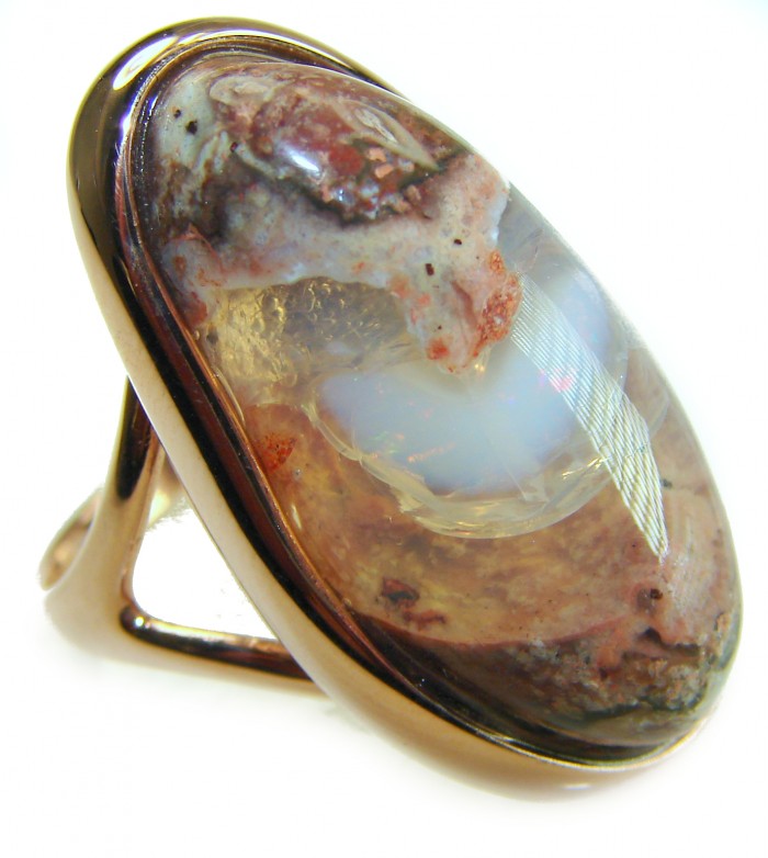 Inner Fire the best quality 24.4 carat Mexican Opal 18K ROSE GOLD OVER .925 Sterling Silver handmade ring 6 1/4 - Close-up of 24.4 carat Mexican Opal in 18K rose gold setting.