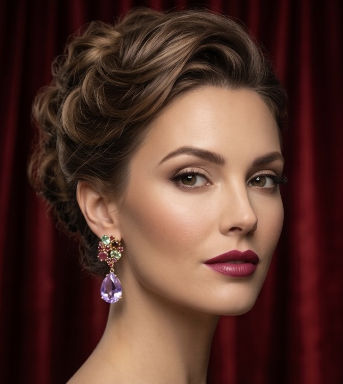 Lavender Beauty authentic 11.2 carat Amethyst 22K Gold over .925 Sterling Silver handcrafted earrings - Side view of Lavender Beauty Amethyst earring on model.