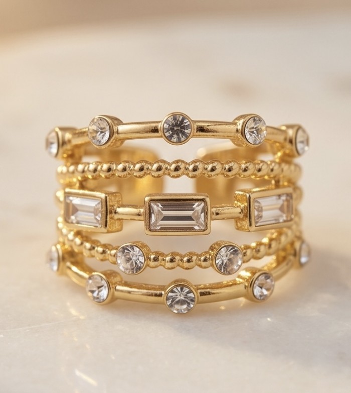 Luxurious 3.8 carat White Topaz Gold over .925 Sterling Silver handcrafted Statement Ring size 7 - Gold ring with white topaz, close-up of layered band design