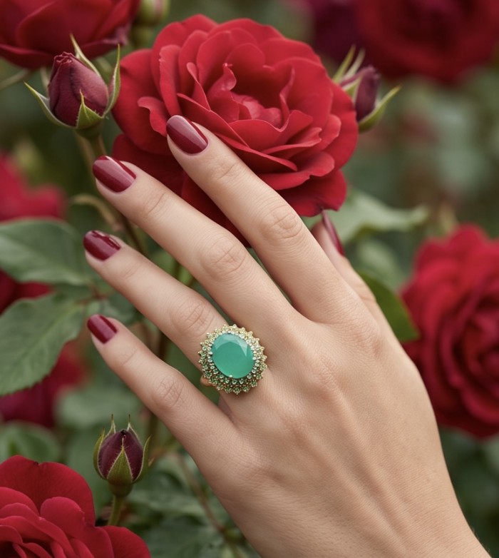Elizabeth oval cut 22.8 carat Colombian Emerald 22K Gold over .925 Sterling Silver handcrafted Ring size 6 3/4 - Emerald ring worn on hand with red roses in the background