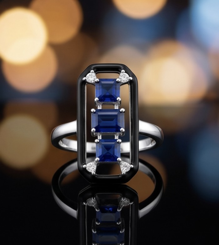 Art Deco 6.2 carat Sapphire black enamel .925 Sterling Silver handcrafted Ring size 6 1/4 - Front view of Art Deco ring with sapphires and black enamel details.