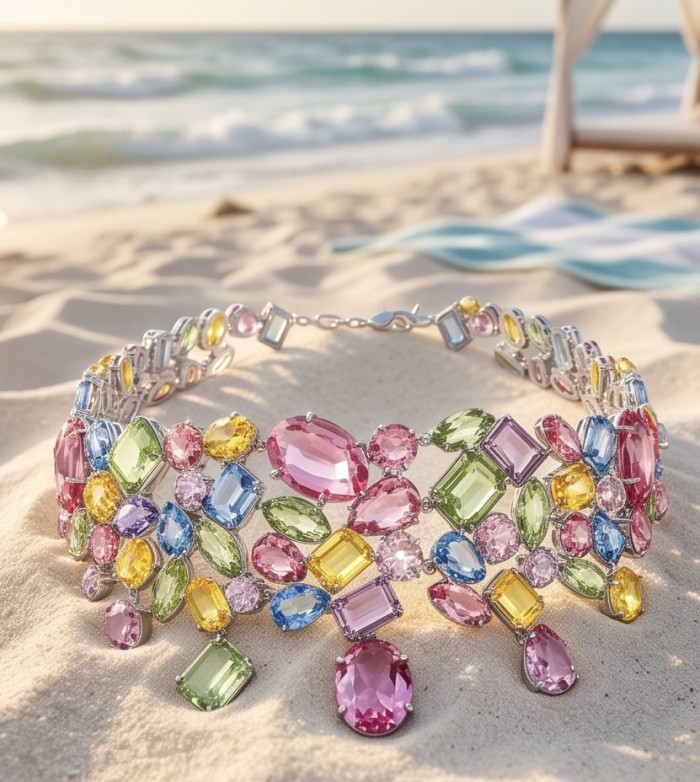 Dolce Vita 184.5 carat multicolor Topaz .925 Sterling Silver rhodium over handcrafted Statement Choker necklace - Dolce Vita multicolor topaz necklace displayed on sand at the beach.