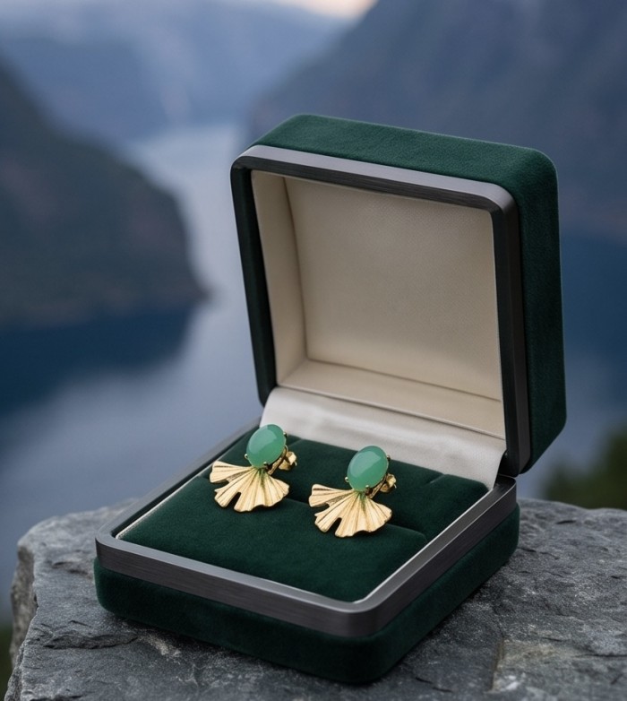 Unique genuine 8.5 carat Jade 18K Gold over over .925 Sterling Silver handcrafted earrings - Gold and jade earrings in open case, scenic background