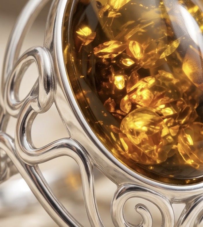 Serenity Natural Green Baltic Amber .925 Sterling Silver handmade Large Statement Ring size 9 - Close-up of Baltic amber stone in ornate silver setting.