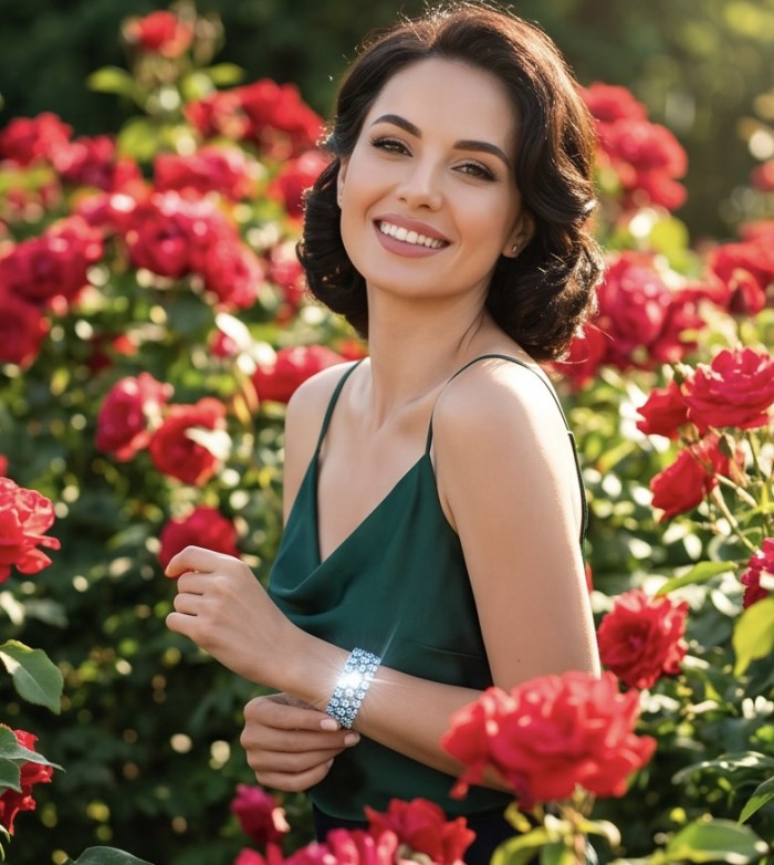 Serenity - Spectacular authentic 155.7 carat Swiss Blue Topaz .925 Sterling Silver handmade bangle Bracelet - Woman wearing bracelet in rose garden, side view.