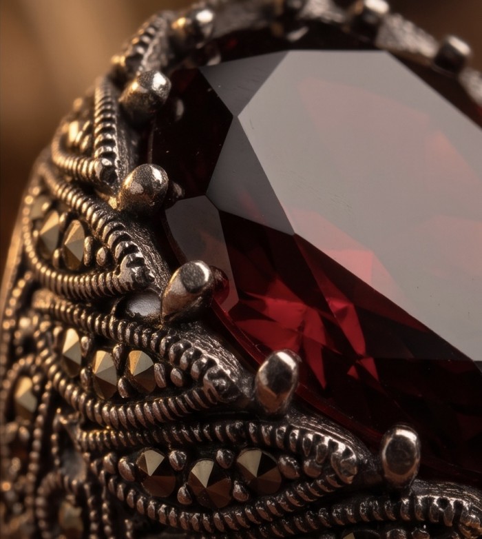 Celestrial Energy Natural 29.4 carat Garnet Marcasite .925 Sterling Silver handmade Large Statement Ring size 7 - Close-up of Celestrial Energy Garnet Marcasite ring detailing