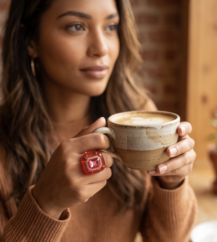 Candy Store - Modern Design Natural Red Raisin Pink Topaz .925 Sterling Silver ring size 8 - Worn on hand, Candy Store - Red Raisin Pink Topaz ring with coffee cup.