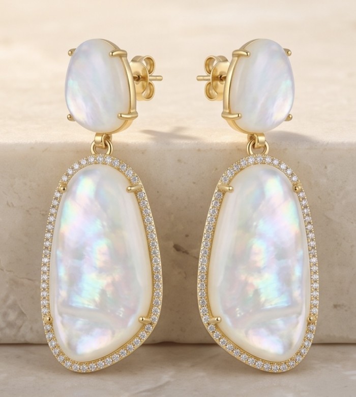 Luxurious Genuine Blister Pearl 0.4 CARAT lab grown Diamond 18K Gold over .925 Sterling Silver handcrafted Statement Earrings - Front view of pearl and diamond drop earrings on marble surface