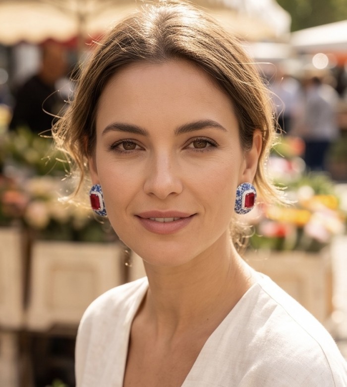 Giovanna - Magnificent Jewel - 15.2 carat Kashmir Ruby 4.8 pave Sapphire .925 Sterling Silver dipped in rhodium handcrafted incredible Statement earrings - Woman wearing Giovanna earrings with 15.2 carat Kashmir Ruby.