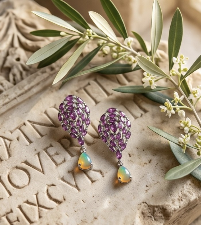 María Rosa - Natural 6.2 carat Garnet Fire Opal .925 Sterling Silver handcrafted Statement earrings - Earrings close-up on stone surface with foliage accents