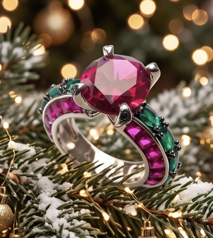 Exquisite 10.7 ctw Mozambique Ruby 3.5 carat Emerald .925 Sterling Silver dipped in Rhodium handcrafted Statement Ring size 8 - Close-up of ruby and emerald ring on festive evergreen background.